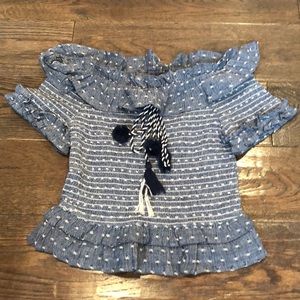 Blue & white stretchy crop top w ruffles &ties